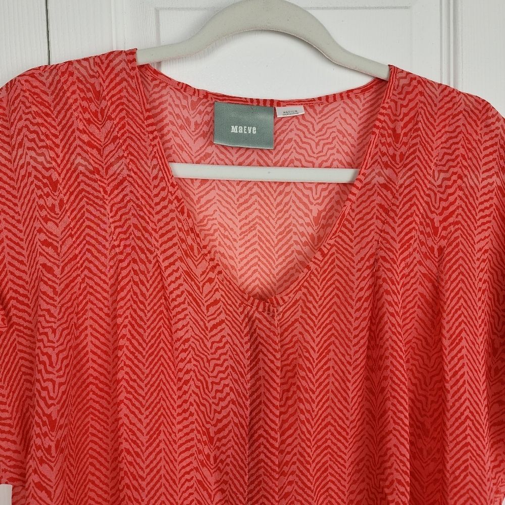 Anthropologie Maeve Silk Blouse M Coral Orange Chevron Print Short Sleeve Boho - Picture 14 of 15